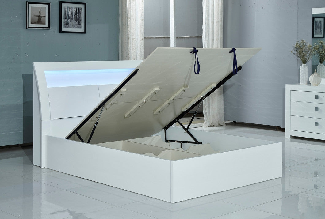 Barcelona Collection High-Gloss White LED Hydraulic Storage Bedroom Set with USB Charging