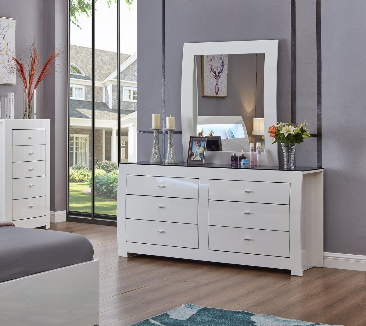 Barcelona Collection High-Gloss White LED Hydraulic Storage Bedroom Set with USB Charging