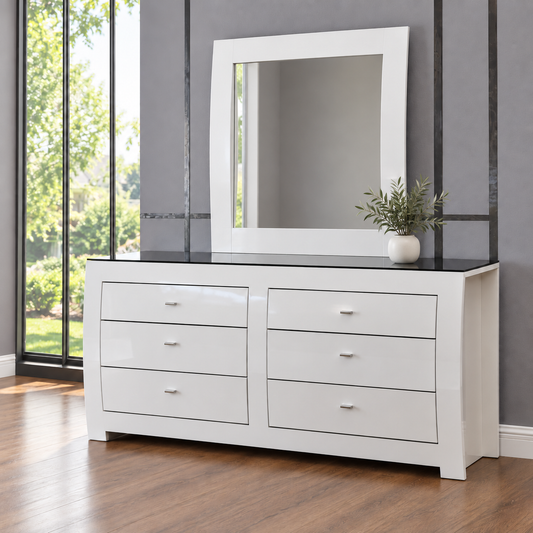 Barcelona high-gloss white dresser and mirror — full lifestyle view with one potted plant