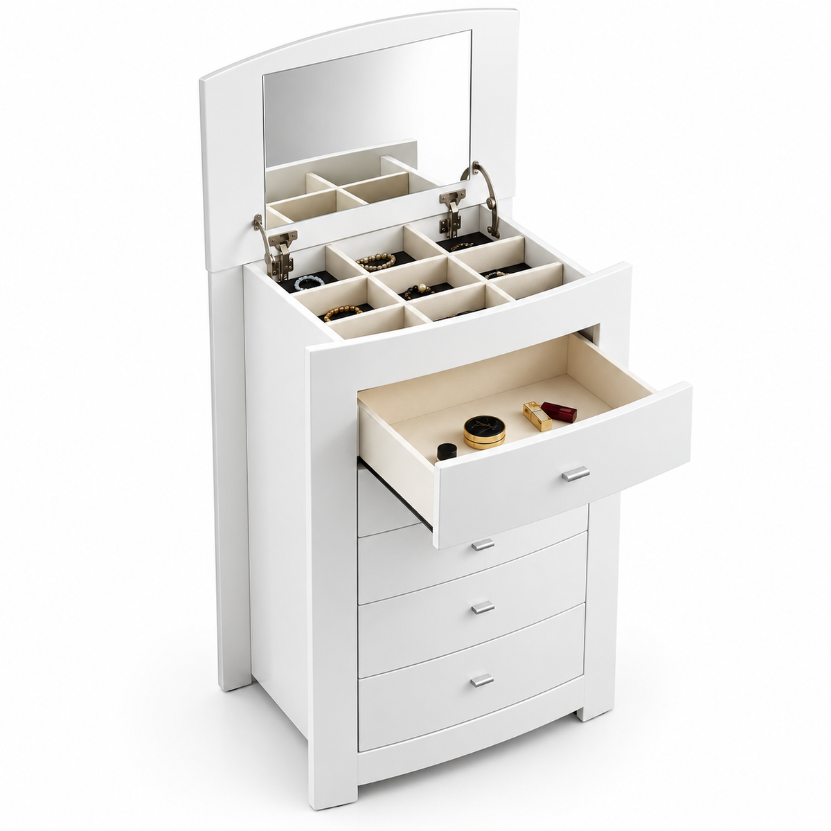 Barcelona Collection High-Gloss White 5-Drawer Jewelry Storage Chest with Mirror