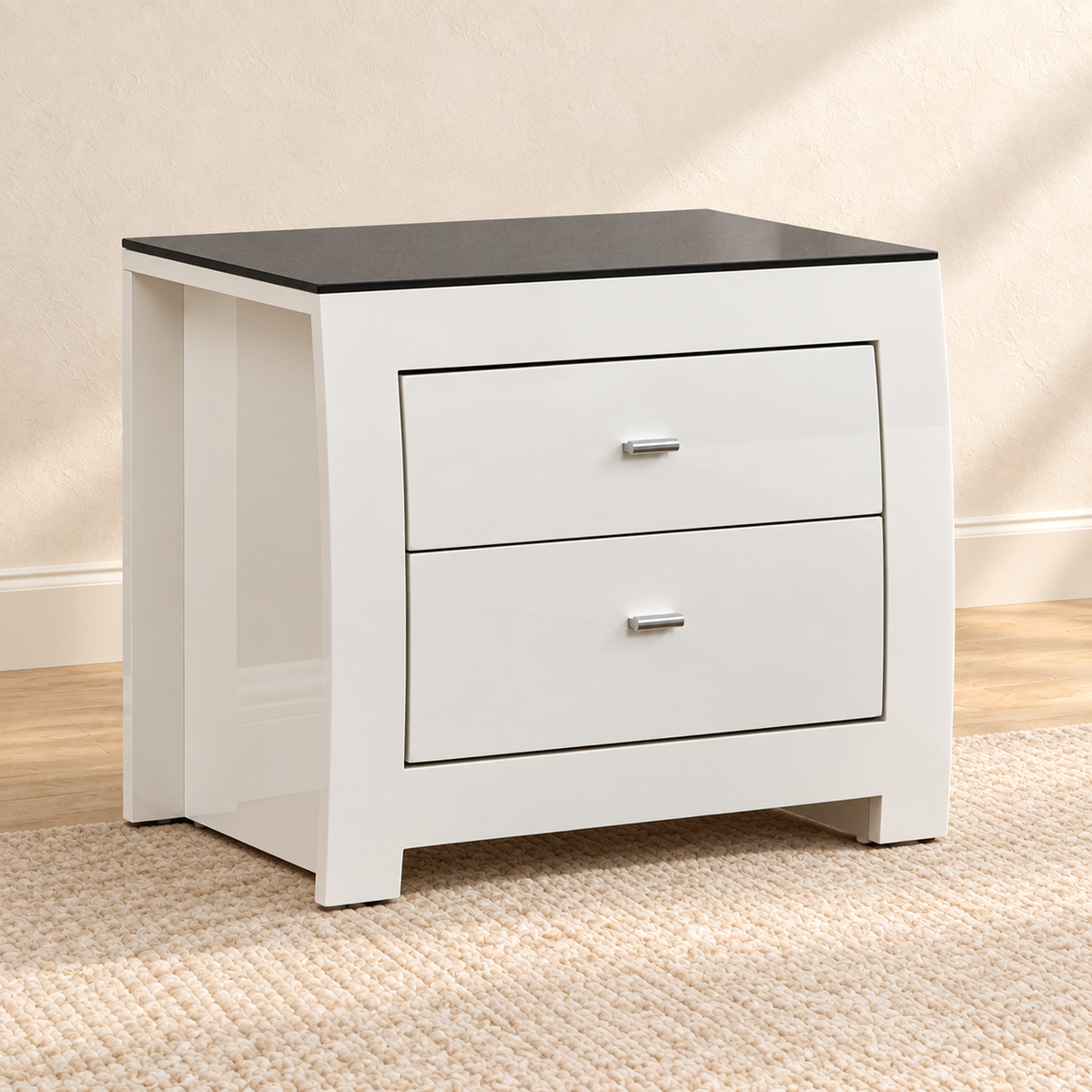 Barcelona Collection High-Gloss White Nightstand with Black Glass Top