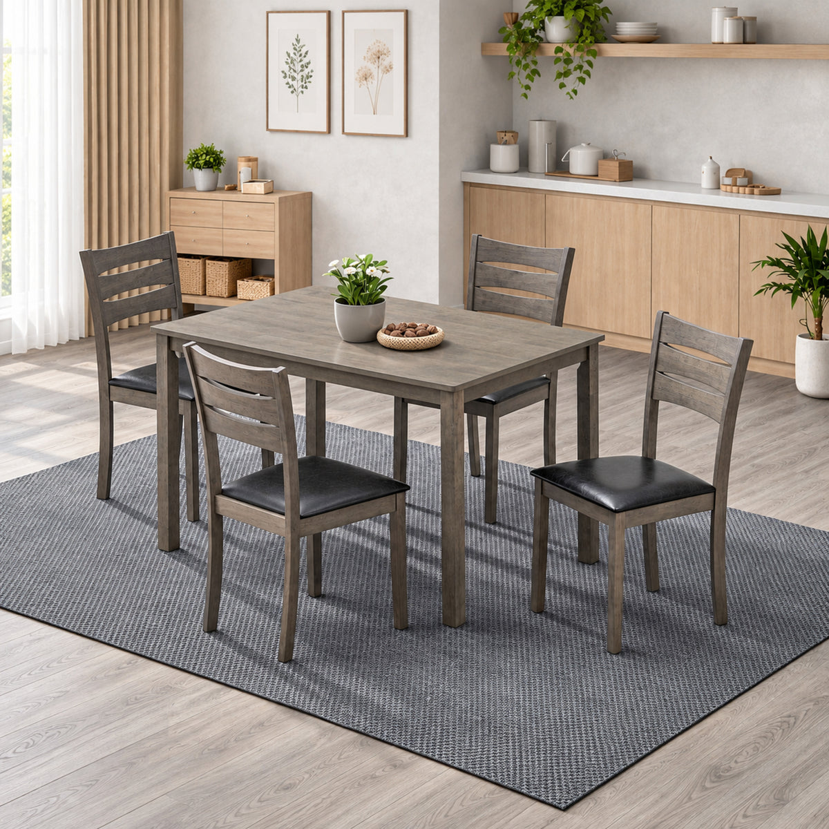 Antique Grey Wood Dining Table with 4 Black PU Ladder-Back Chairs – complete dining set