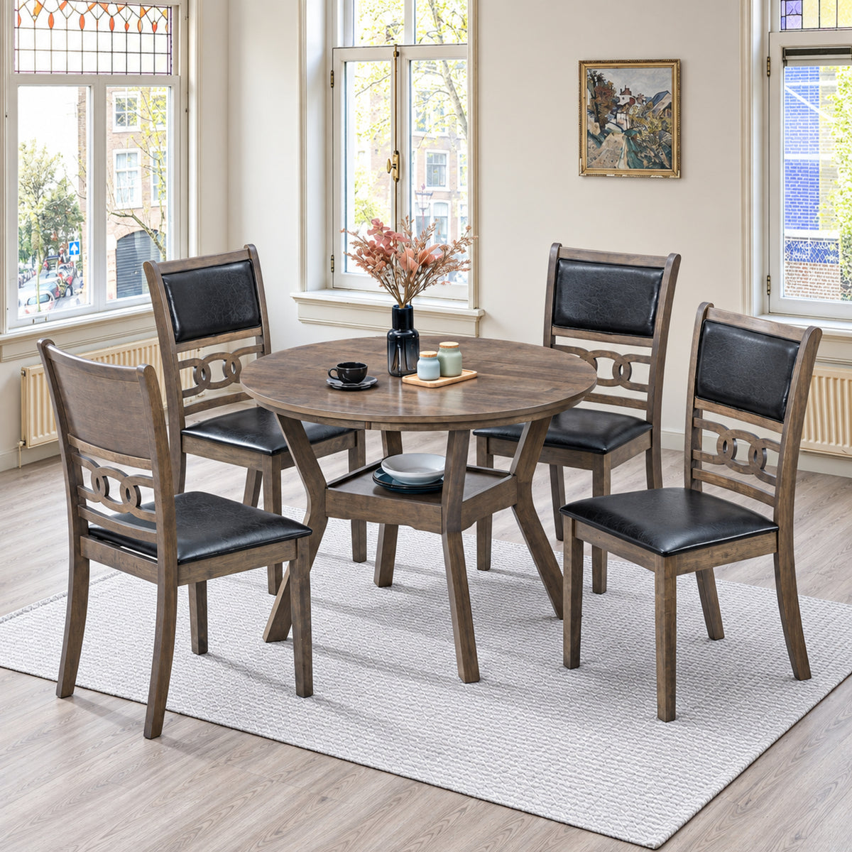 Antique Grey Wood Dining Table with 4 Black PU Chairs – complete dining set