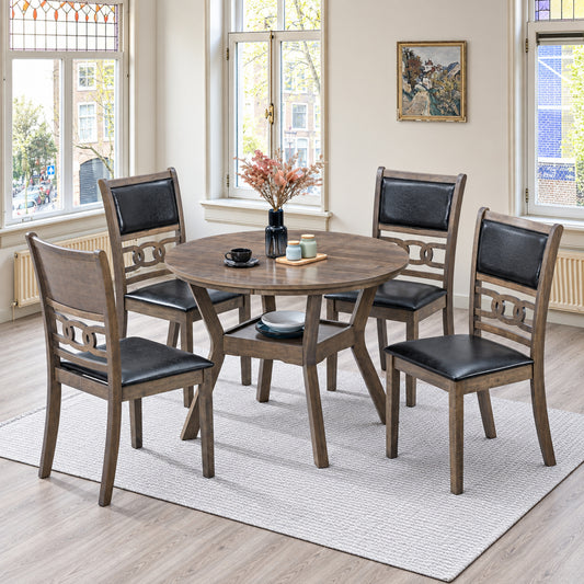 Antique Grey Wood Dining Table with 4 Black PU Chairs – complete dining set