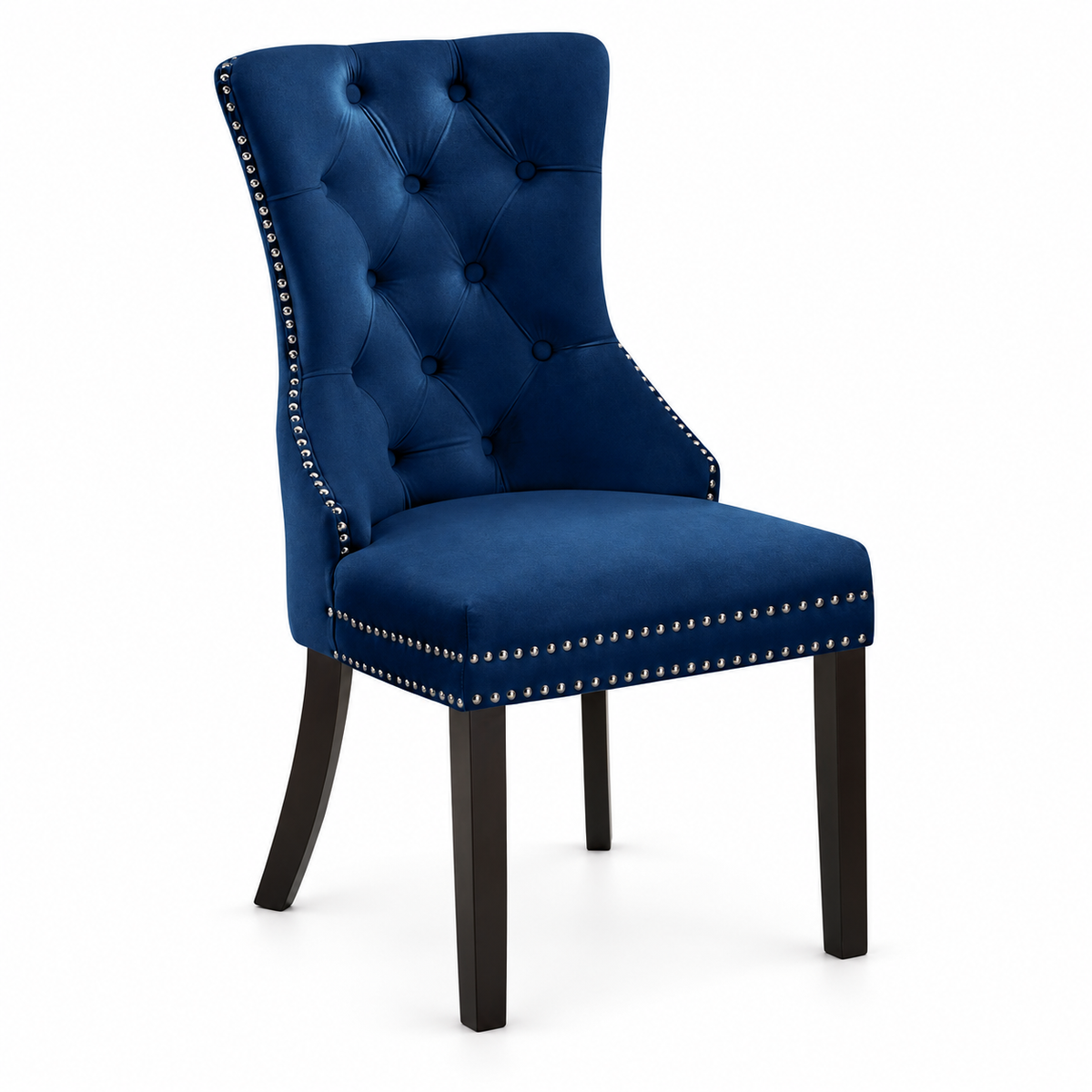 Navy Blue Tufted Velvet Dining Chairs with Nailhead Trim - Set of 2