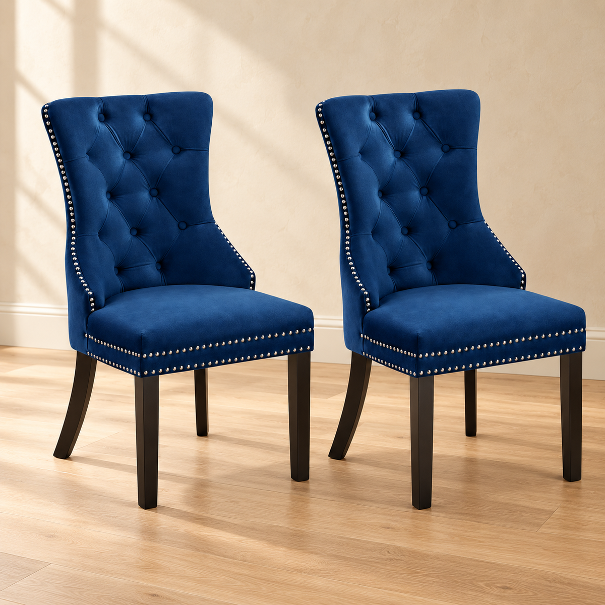 Navy Blue Tufted Velvet Dining Chairs with Nailhead Trim — set of two, chair-only lifestyle view
