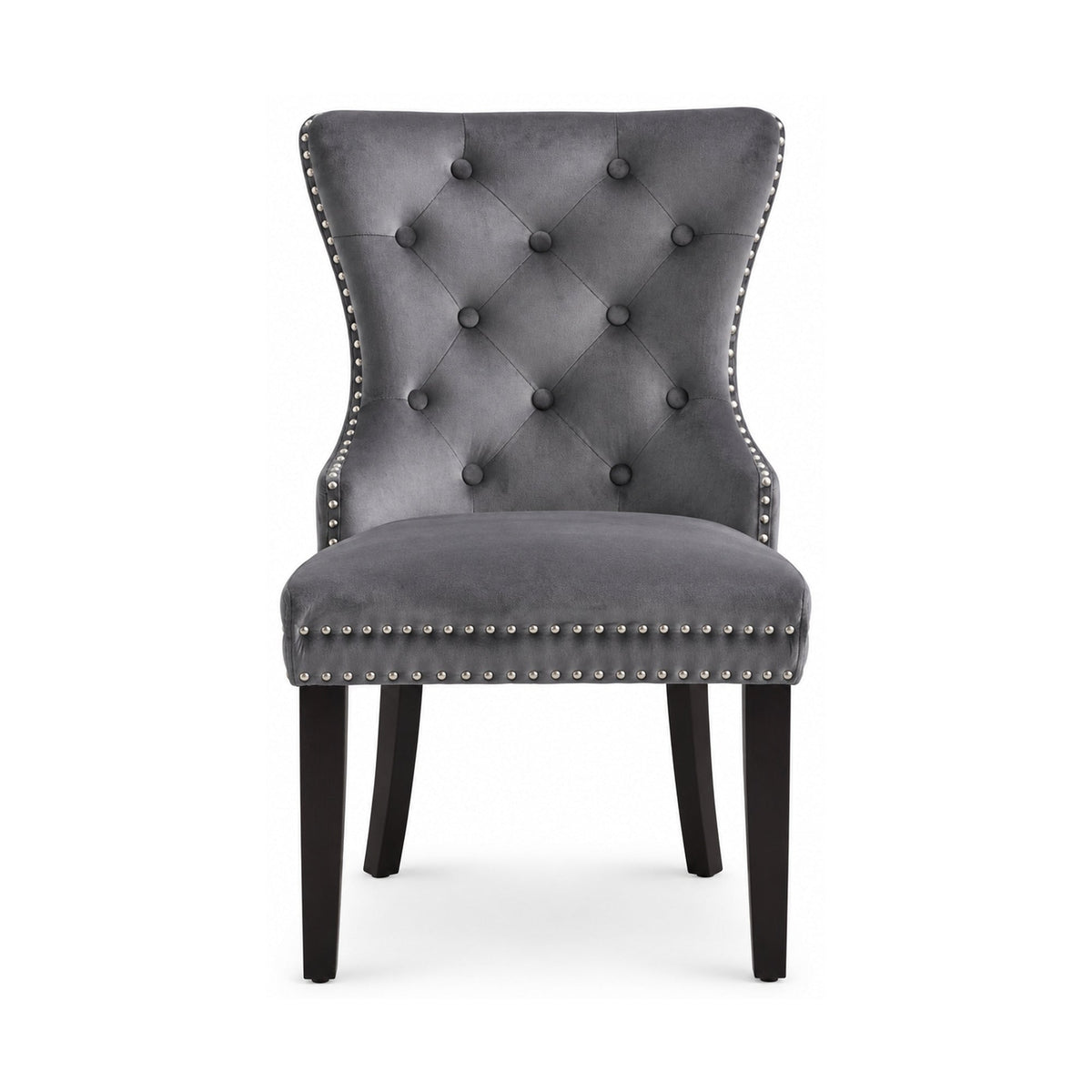 Tufted Velvet Dining Chairs with Espresso Legs – Set of 2 – Grey