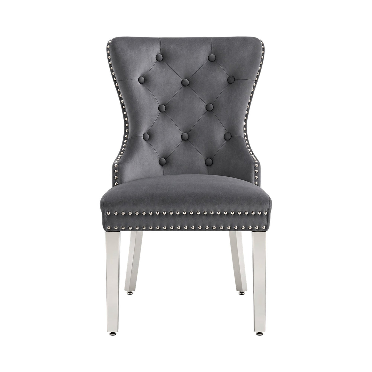 Tufted Velvet Dining Chairs with Chrome Legs – Set of 2 – Grey