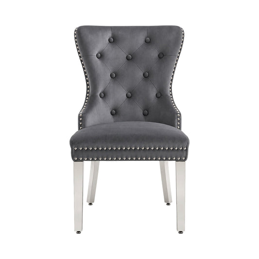 Tufted Velvet Dining Chairs with Chrome Legs – Set of 2 – Grey