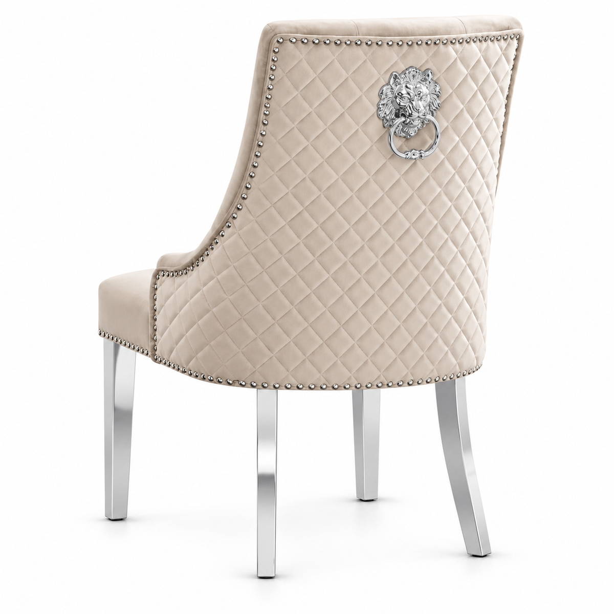 Cream Velvet Dining Chairs with Chrome Lion Knockers - Set of 2