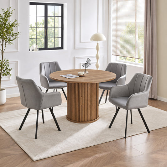 Modern Round Wood Dining Table with 4 Light Grey Velvet Swivel Chairs – complete dining set