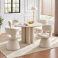 Modern Round Travertine-Look Dining Table with 4 Cream Fabric Swivel Chairs – complete dining set
