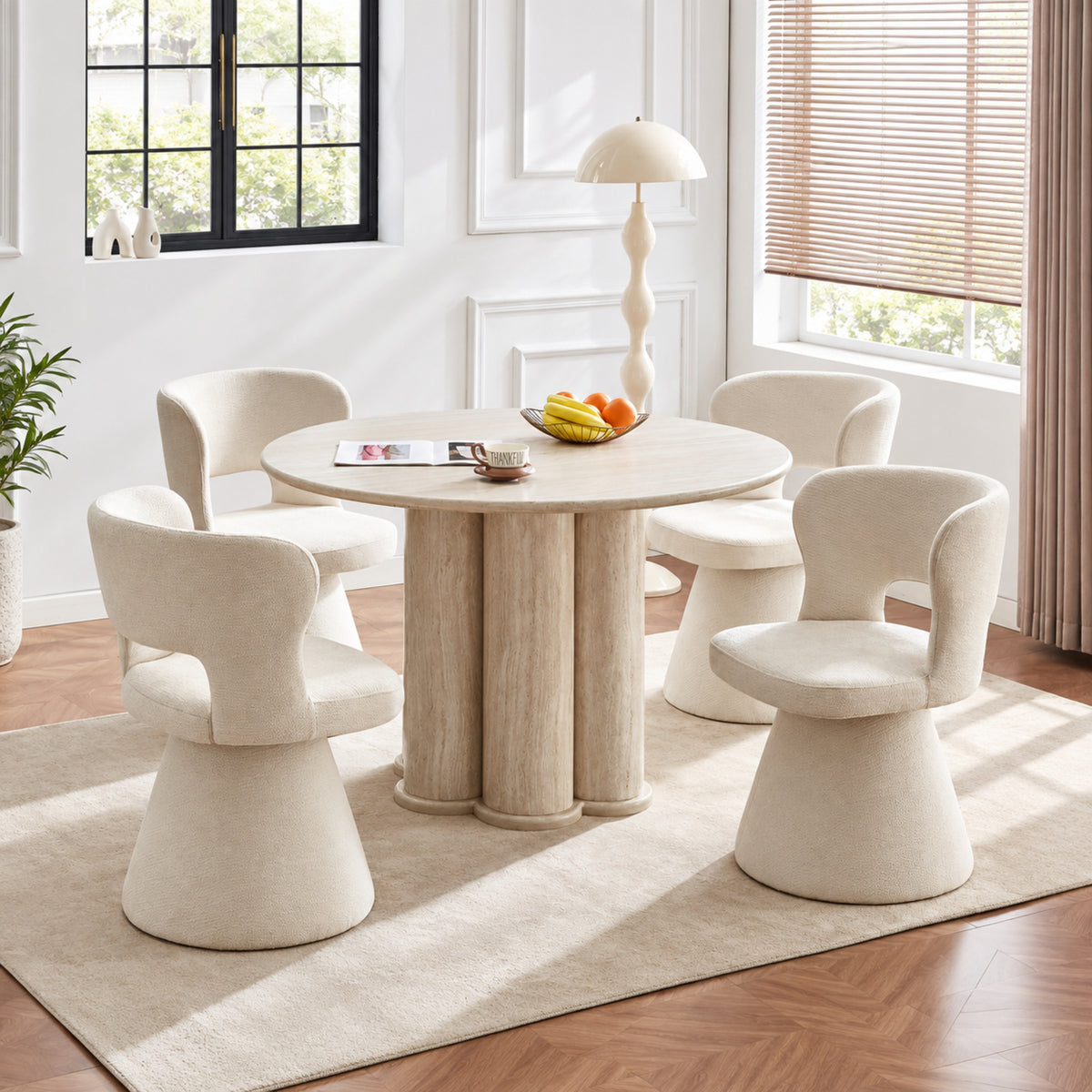 Modern Round Travertine-Look Dining Table with 4 Cream Fabric Swivel Chairs – complete dining set