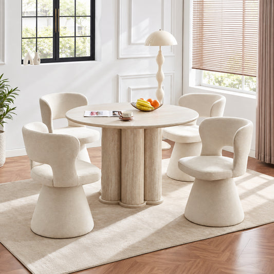 Modern Round Travertine-Look Dining Table with 4 Cream Fabric Swivel Chairs – complete dining set