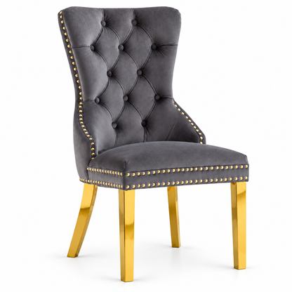 Velvet Dining Chairs with Gold Knocker Backs - Set of 2
