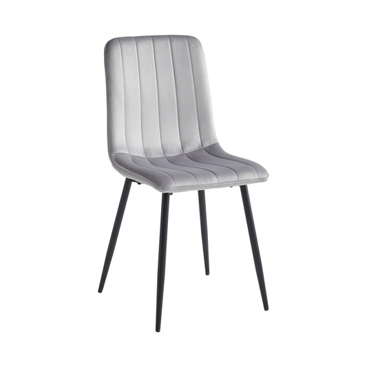 Channel-Stitched Velvet Dining Chairs with Black Steel Legs – Set of 6 – Light Grey