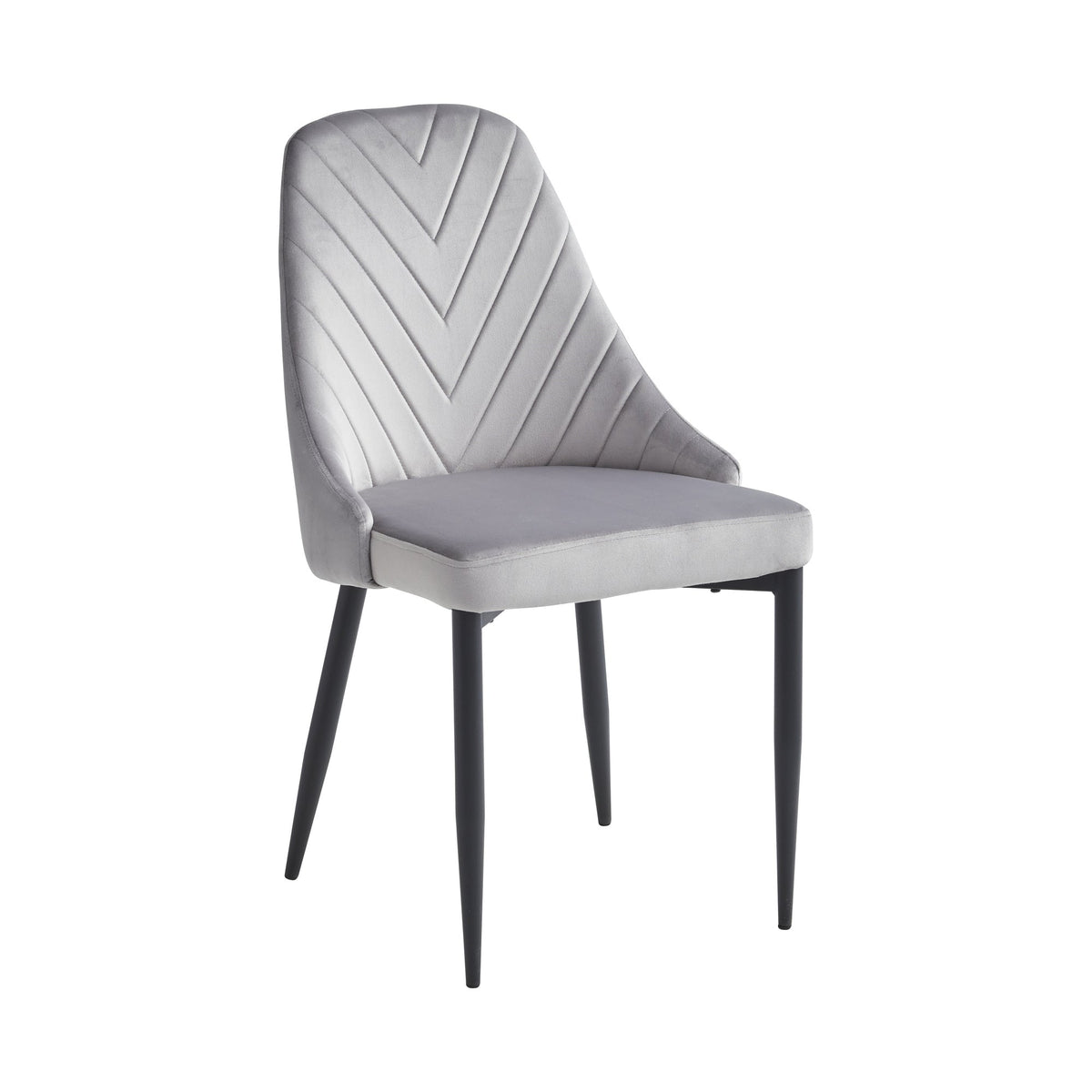 Chevron-Stitched Velvet Dining Chairs with Black Steel Legs – Set of 6 – Light Grey