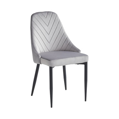 Chevron-Stitched Velvet Dining Chairs with Black Steel Legs – Set of 6 – Light Grey