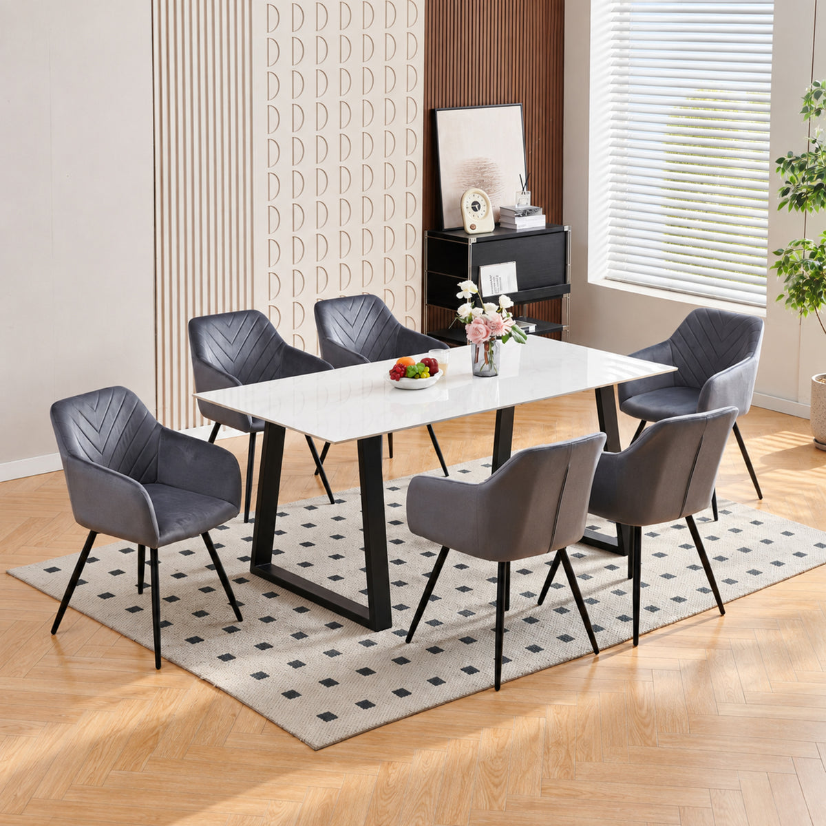 Modern Snow White Sintered Stone Dining Table with 6 Chairs – Multiple Chair Options – complete dining set