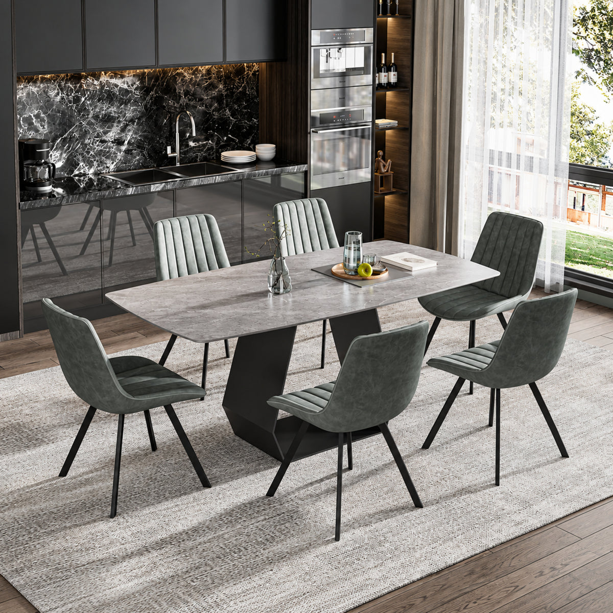 Modern Armani Grey Sintered Stone Dining Table with 6 Grey PU Chairs – complete dining set