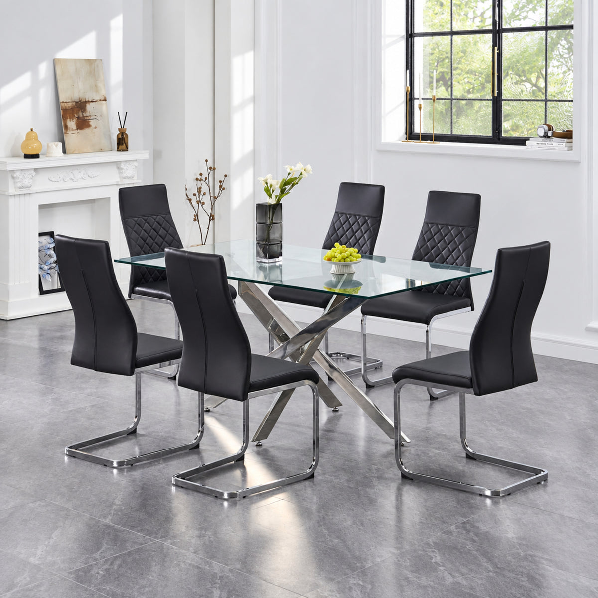 Modern Clear Glass Dining Table with 6 Chairs – Multiple Chair Options – complete dining set