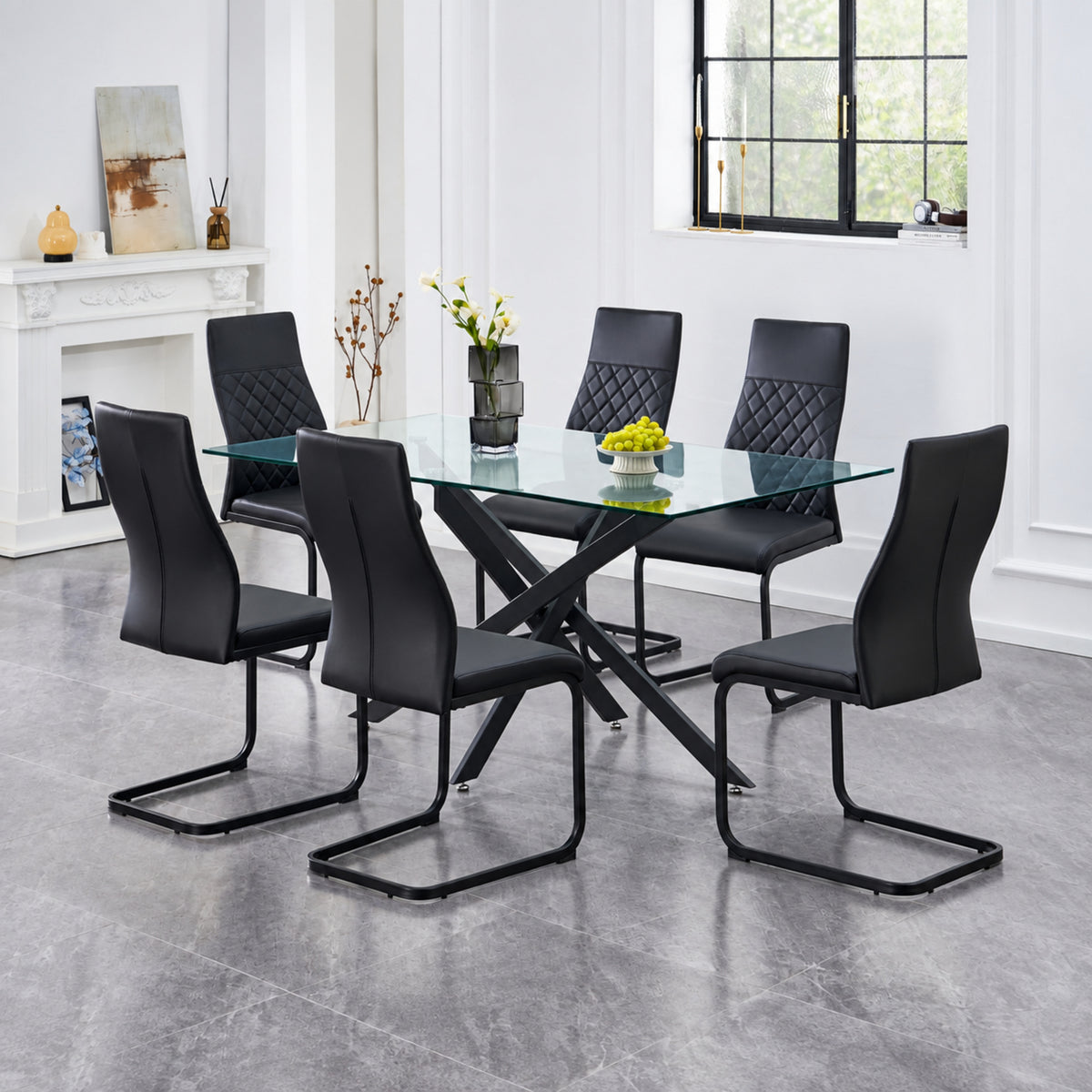 Modern Clear Glass Dining Table with 6 Black PU Diamond-Stitched Chairs – complete dining set