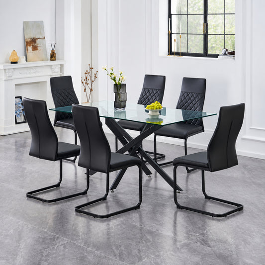 Modern Clear Glass Dining Table with 6 Black PU Diamond-Stitched Chairs – complete dining set