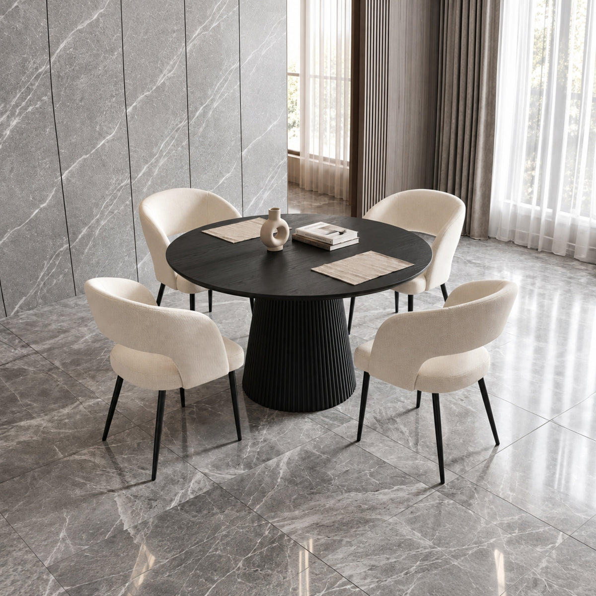 Modern Round Midnight Black Dining Table with 4 Chairs – Multiple Chair Options – complete dining set