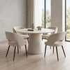 Modern Round Travertine-Look Dining Table with 4 Cream Fabric Chairs – complete dining set