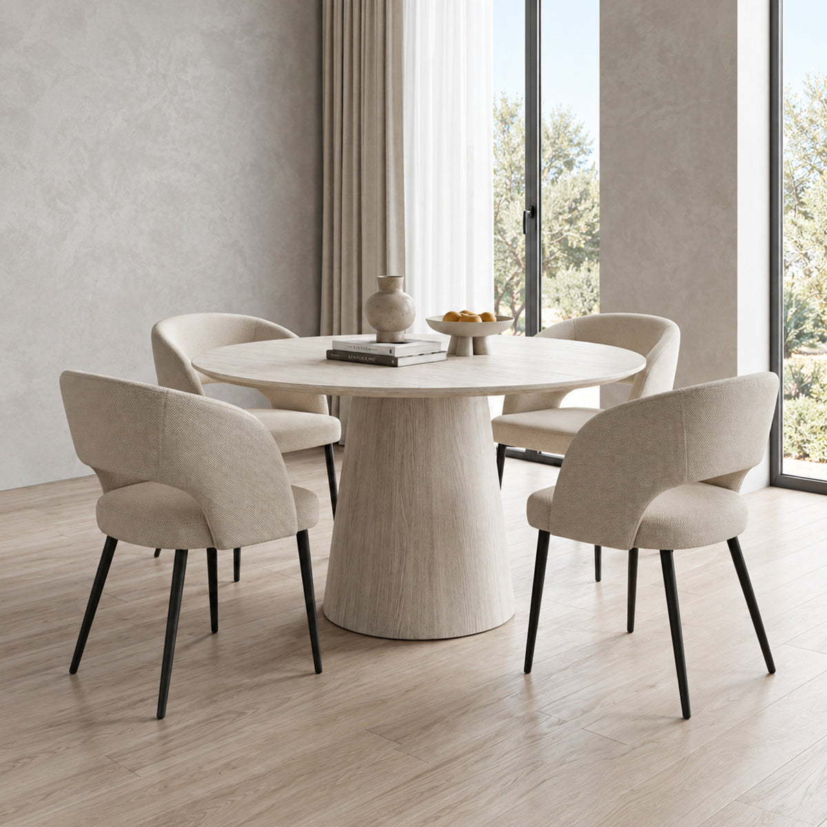 Modern Round Travertine-Look Dining Table with 4 Cream Fabric Chairs – complete dining set