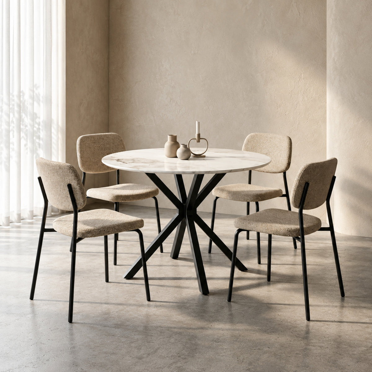 Modern Round Chanel Stone Dining Table with 4 Chairs – Multiple Chair Options – complete dining set