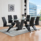 Modern Clear Glass Dining Table with 6 Black PU Z-Shaped Chairs – complete dining set