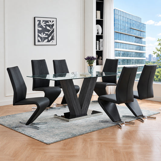 Modern Clear Glass Dining Table with 6 Black PU Z-Shaped Chairs – complete dining set