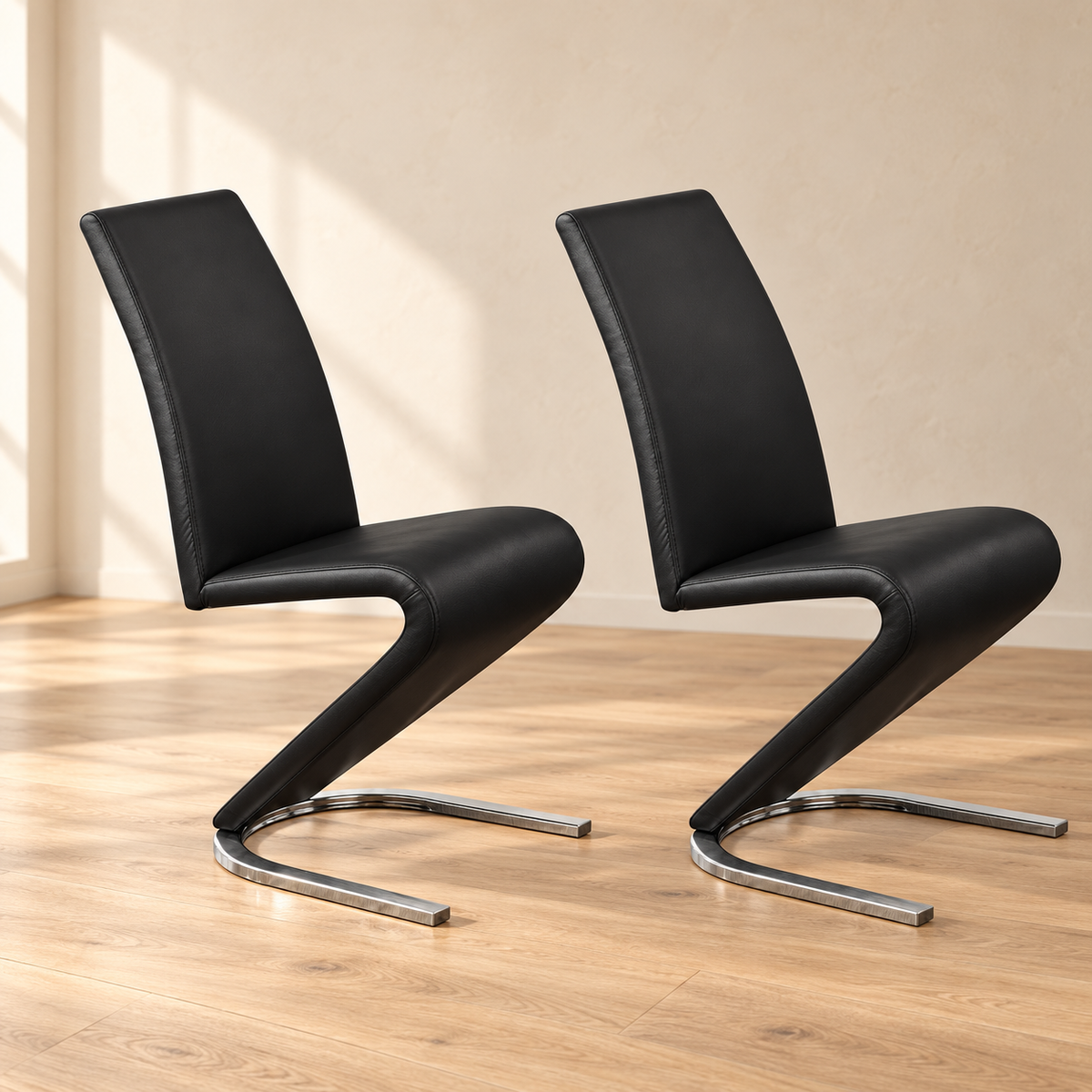 Z-Shaped Faux-Leather Chrome Dining Chairs — Black, set of two, chair-only lifestyle view