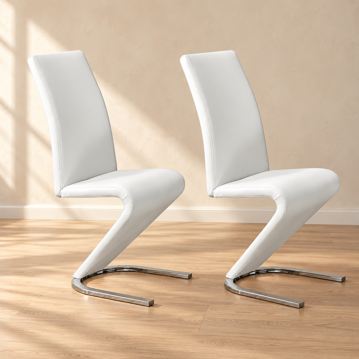 Z-Shaped Faux-Leather Chrome Dining Chairs — White, set of two, chair-only lifestyle view