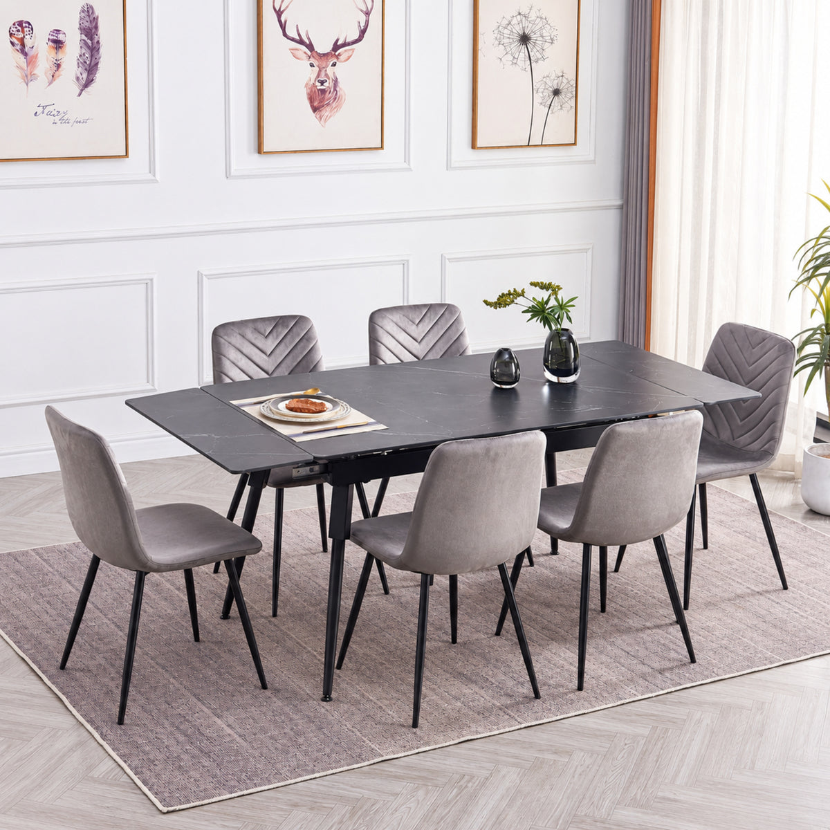 Modern Extendable Black Marble-Look Sintered Stone Dining Table with 6 Grey Velvet Chairs – complete dining set