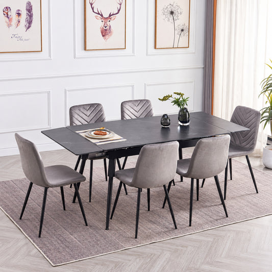 Modern Extendable Black Marble-Look Sintered Stone Dining Table with 6 Grey Velvet Chairs – complete dining set