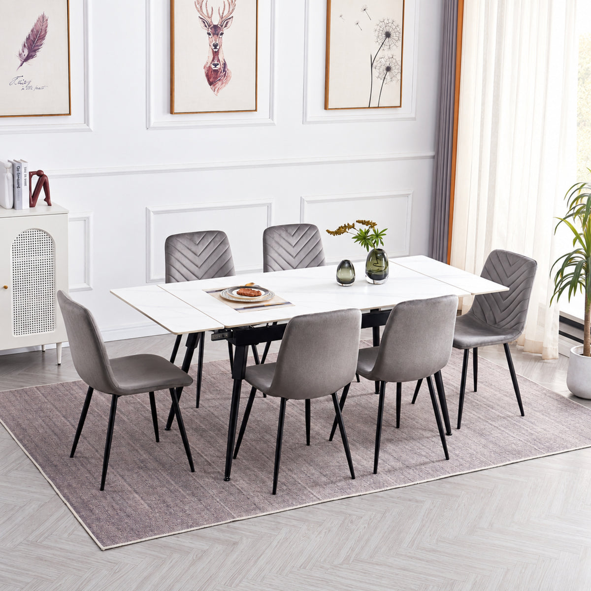 Modern Extendable White Marble-Look Sintered Stone Dining Table with 6 Grey Velvet Chairs – complete dining set