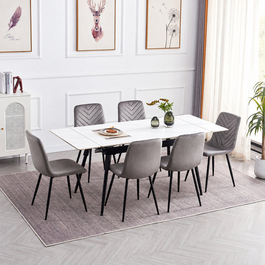 Modern Extendable White Marble-Look Sintered Stone Dining Table with 6 Grey Velvet Chairs – complete dining set