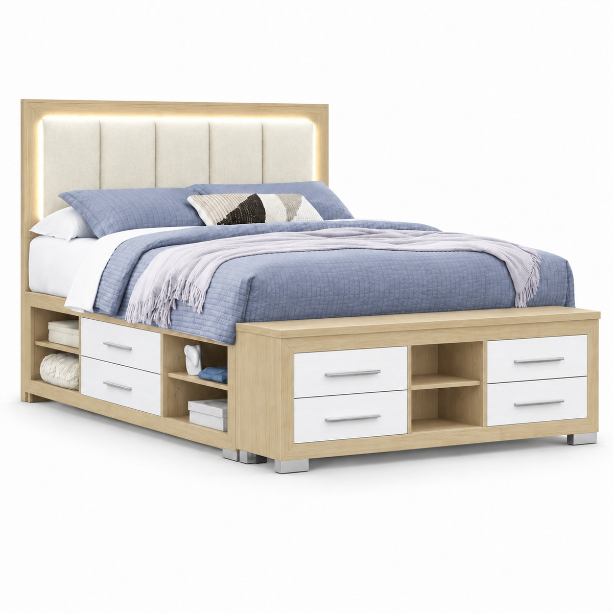 Emma Collection LED Storage Platform Bed with USB-C Charging – Black/Grey or Natural/White