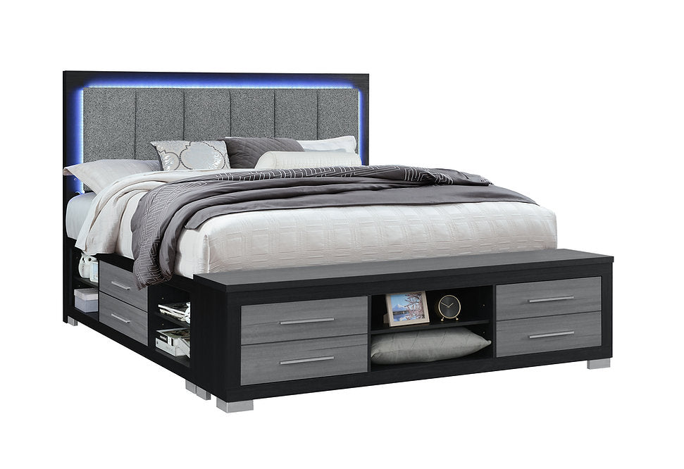 Emma Collection LED Storage Platform Complete Bedroom Set with USB-C Charging – Black/Grey or Natural/White