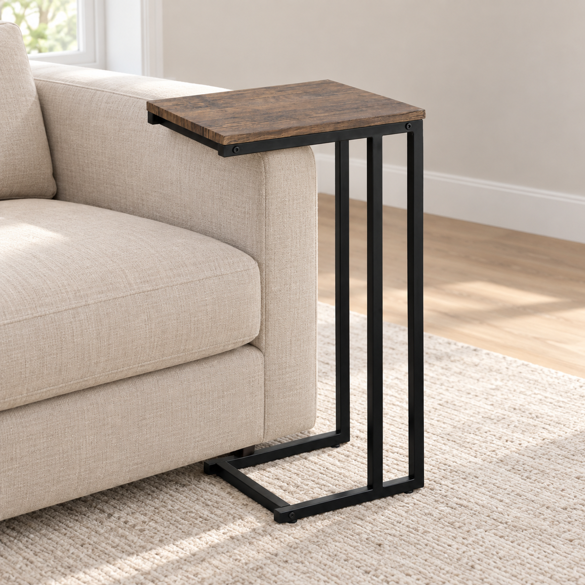 C-Shaped Reclaimed Wood-Look Side Table with Black Steel Frame