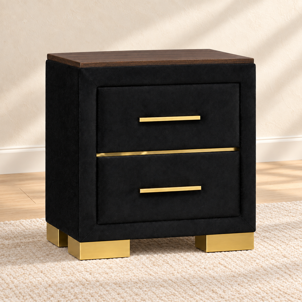 Chloe Black Velvet & Gold 2-Drawer Nightstand