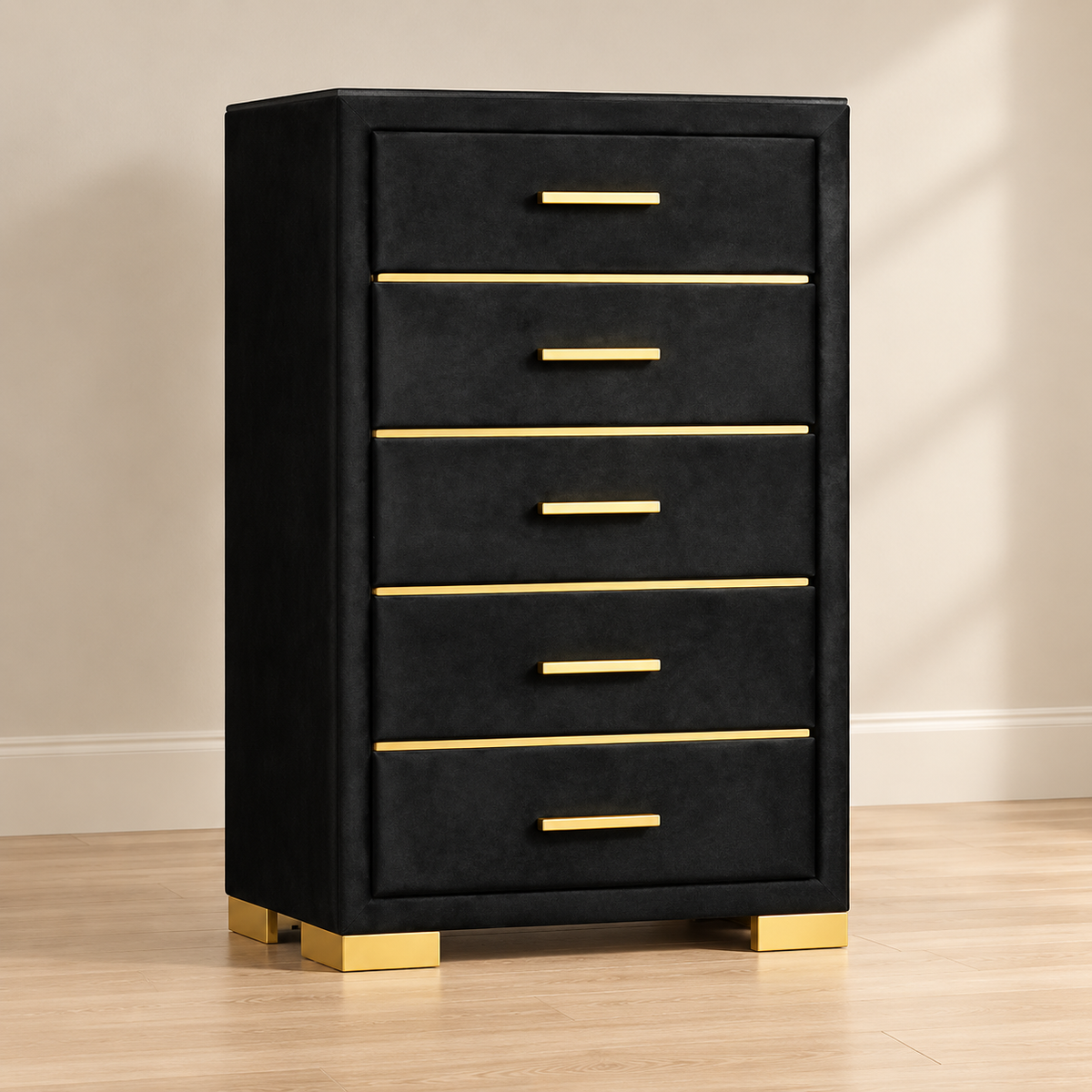 Black Velvet & Gold 5-Drawer Bedroom Chest