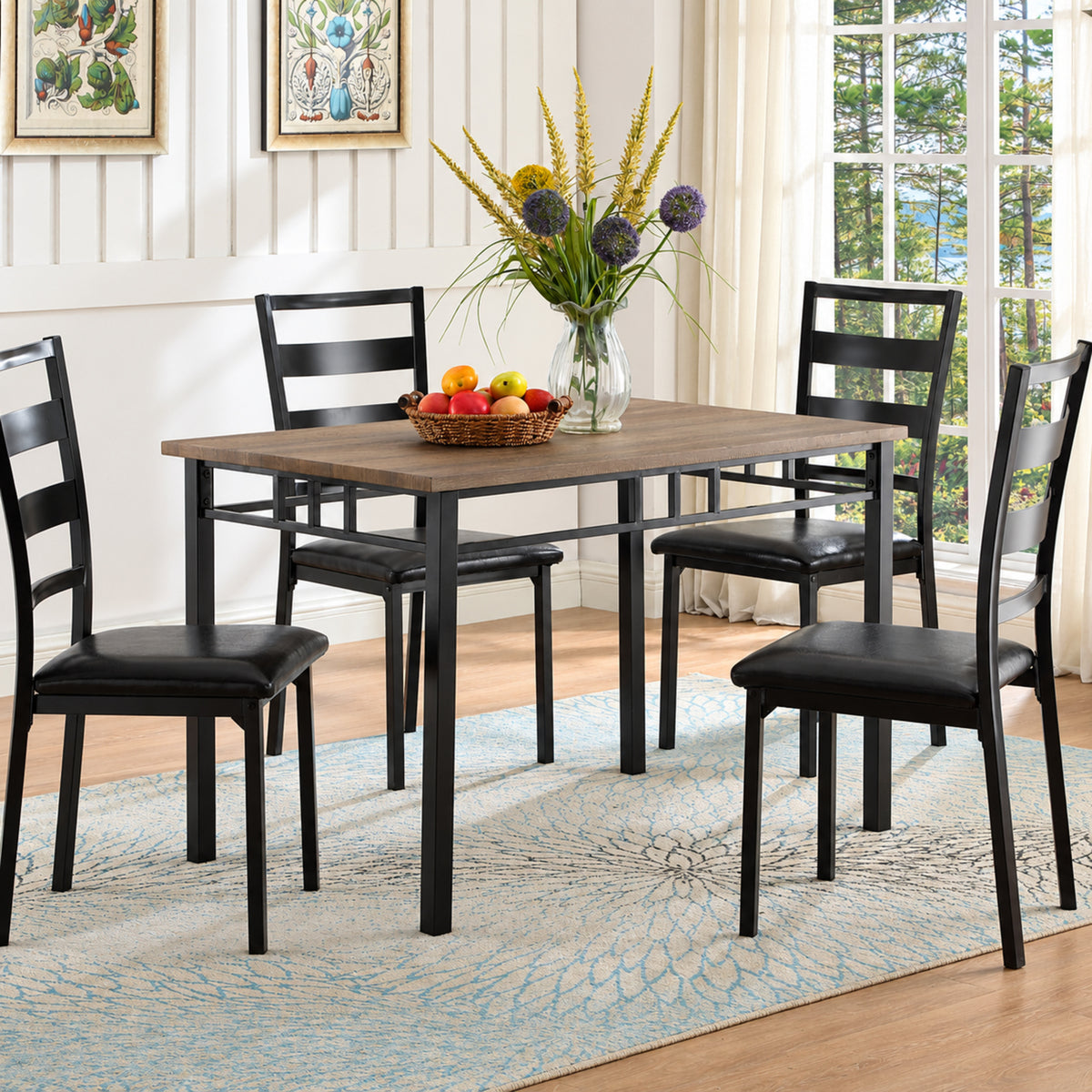 Modern 5-Piece Wood Dining Set with Black PU Chairs & Black Steel Legs – complete dining set