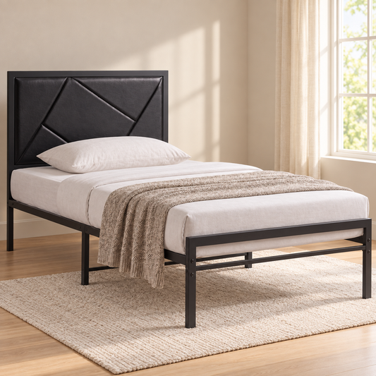Black Steel Geometric Platform Bed Frame — lifestyle view, bed only