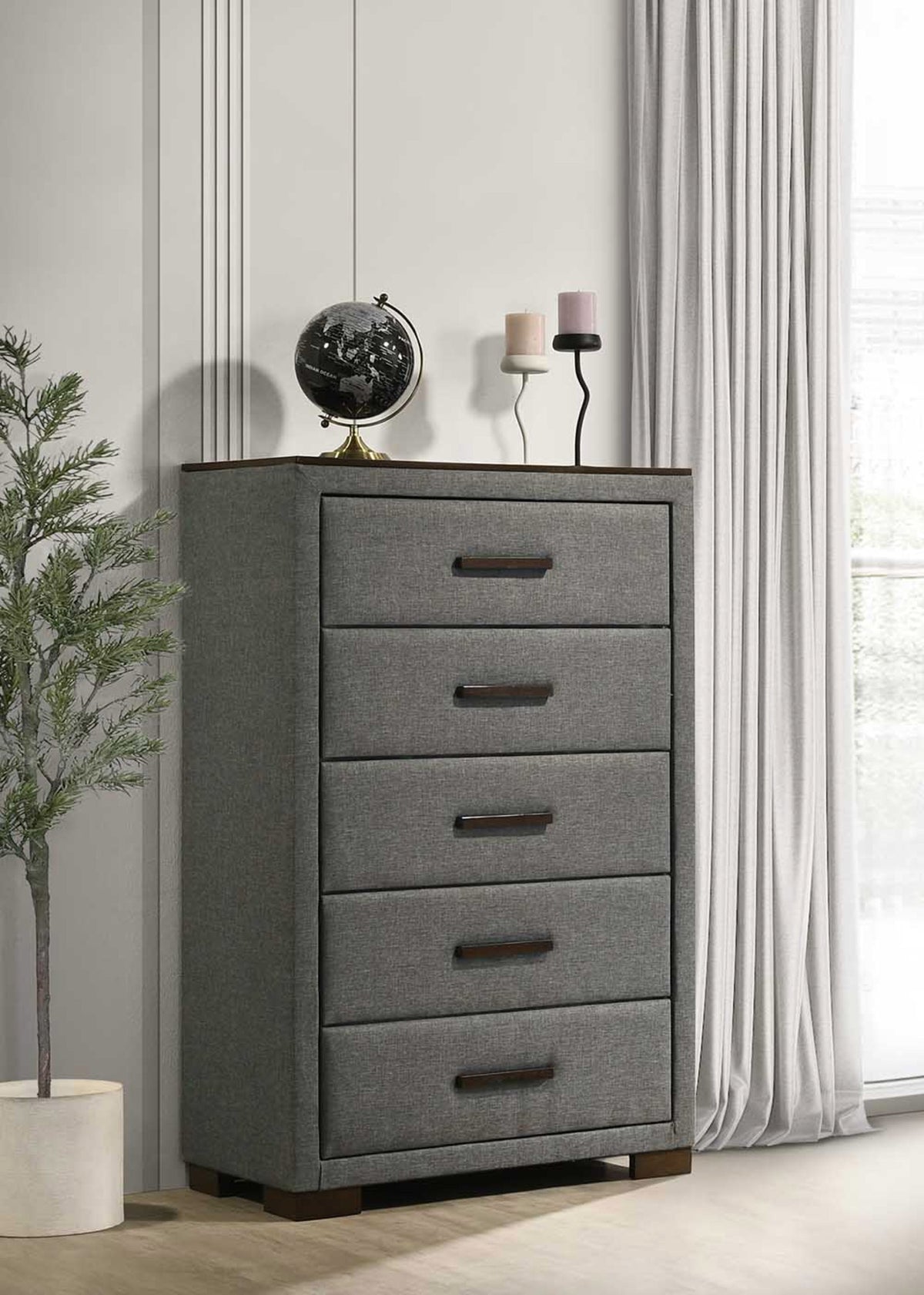 Modern Dark Grey Upholstered Platform Bedroom Set with Dylan Case Goods