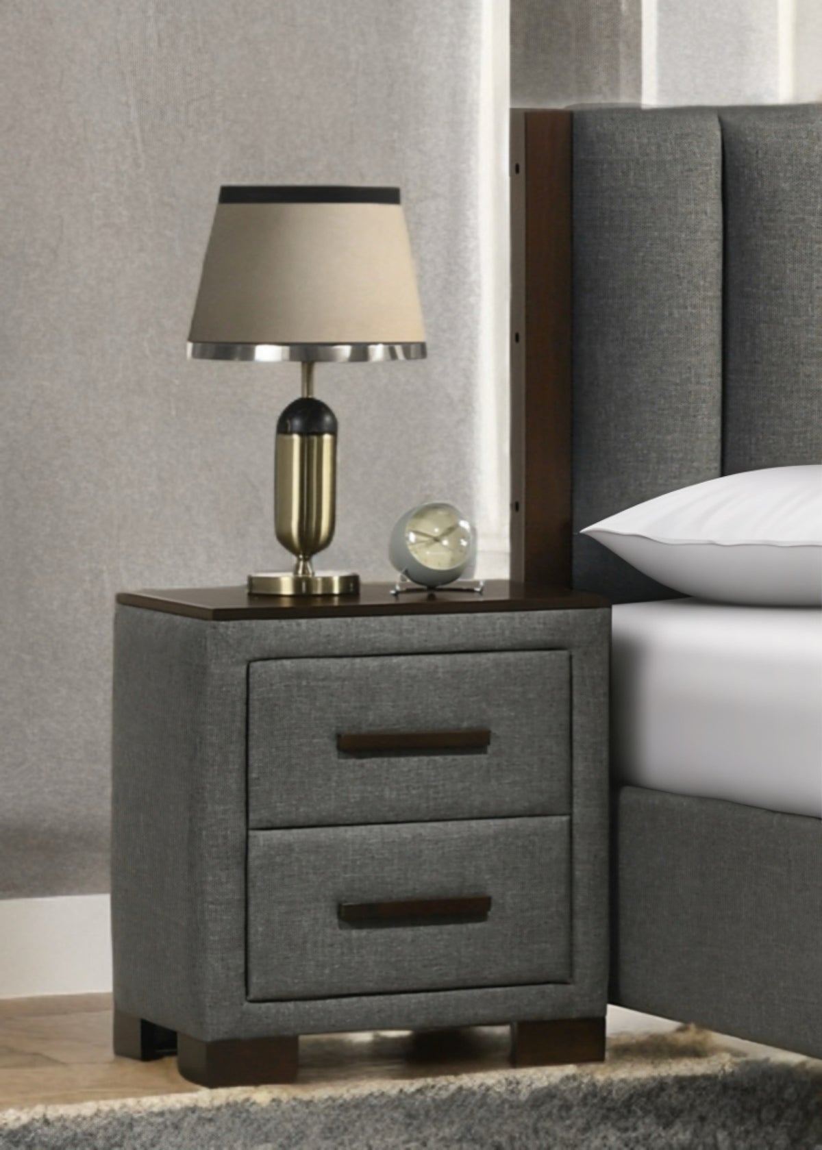 Modern Dark Grey Upholstered Platform Bedroom Set with Dylan Case Goods