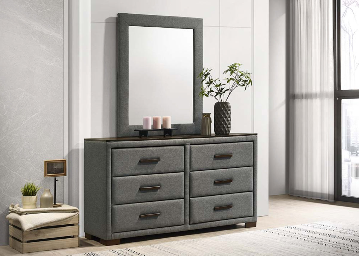 Modern Dark Grey Upholstered Platform Bedroom Set with Dylan Case Goods