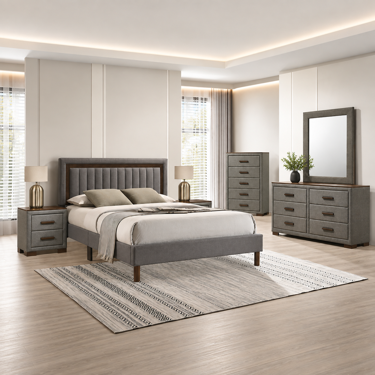 Modern Dark Grey Upholstered Platform Bedroom Set with Dylan Case Goods
